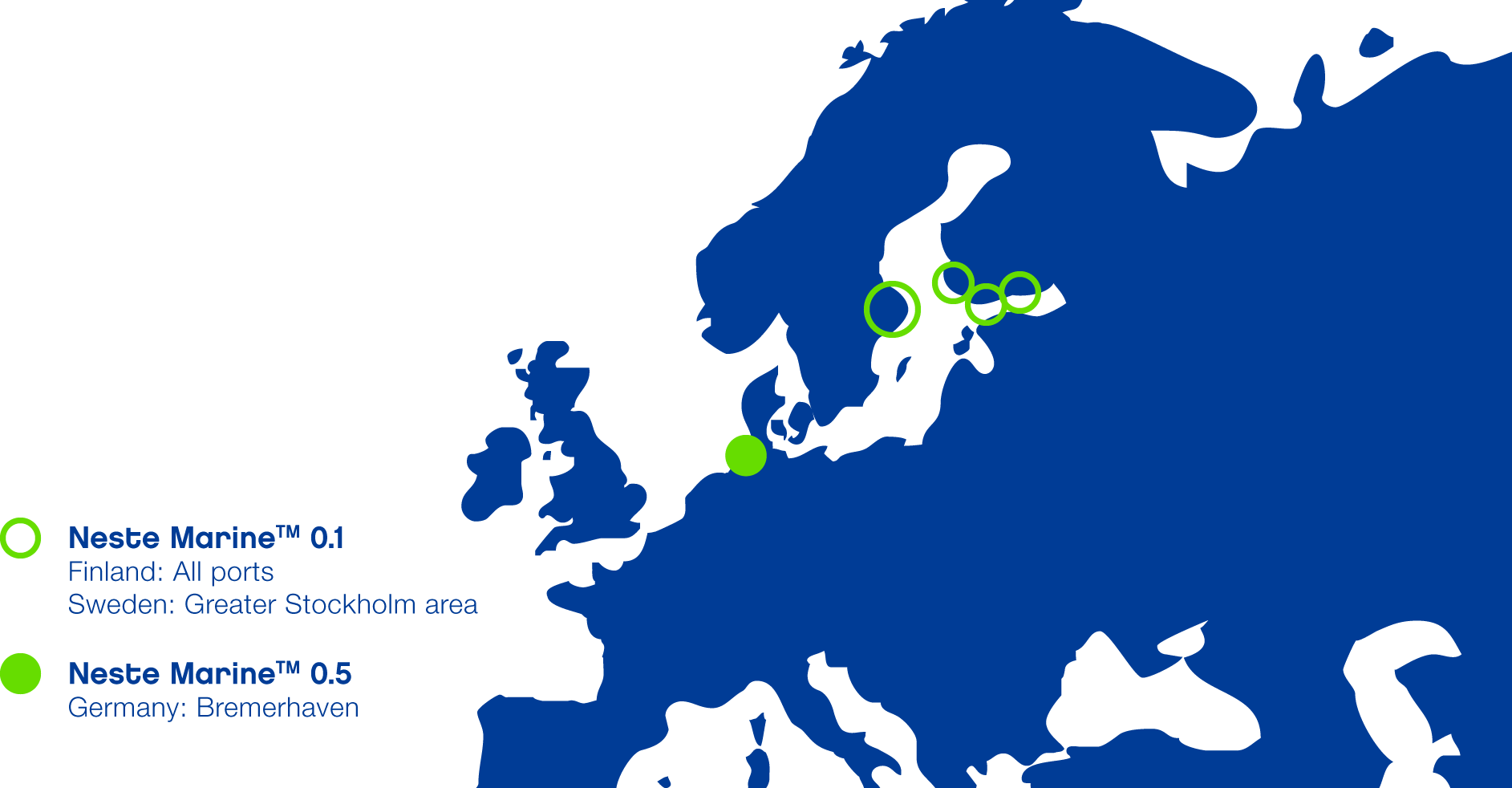 Map of Europe pinpointing locations where Neste marine fuels are available